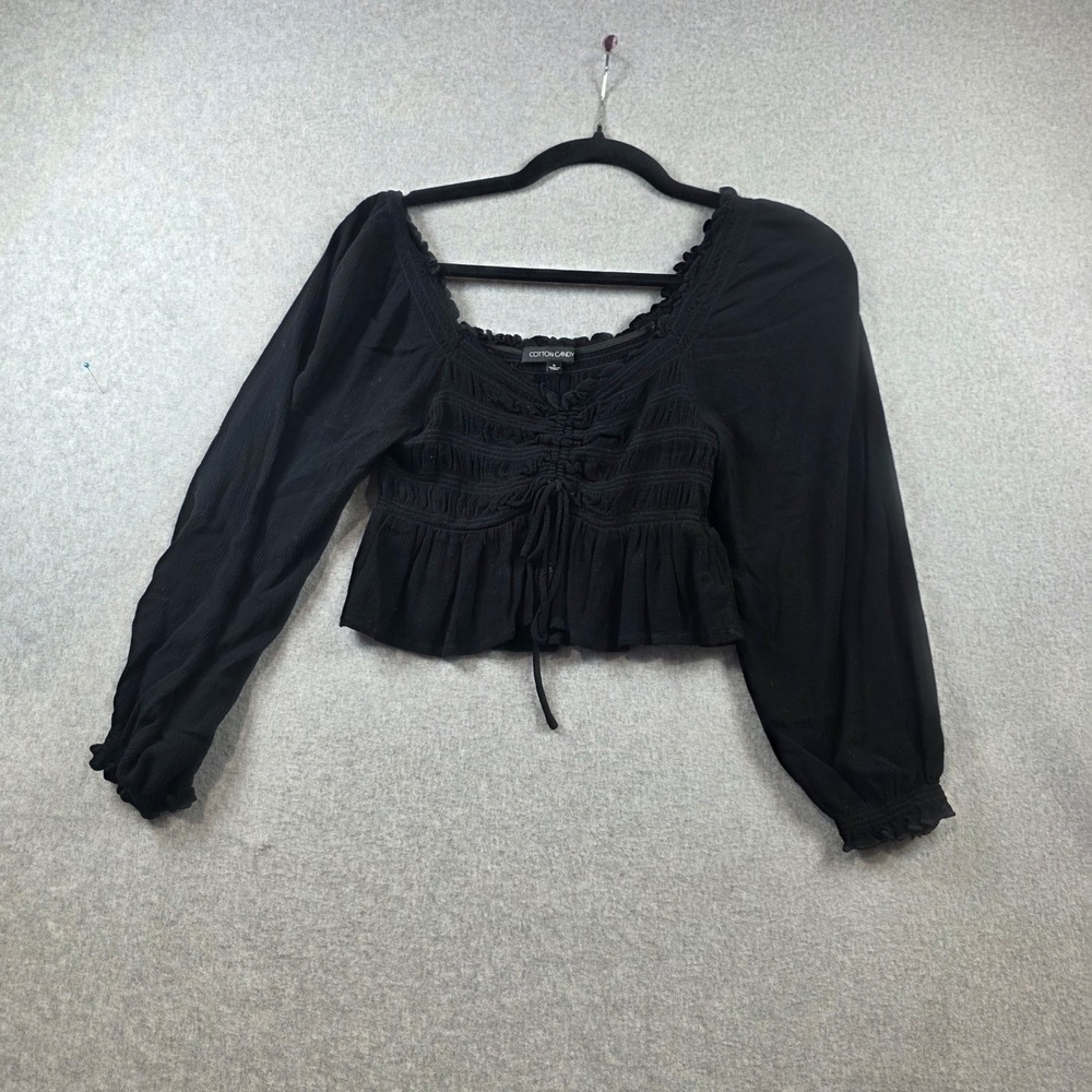 Cotton Candy Black Smocked Peasant Crop Top Long Balloon‎ Sleeve Small